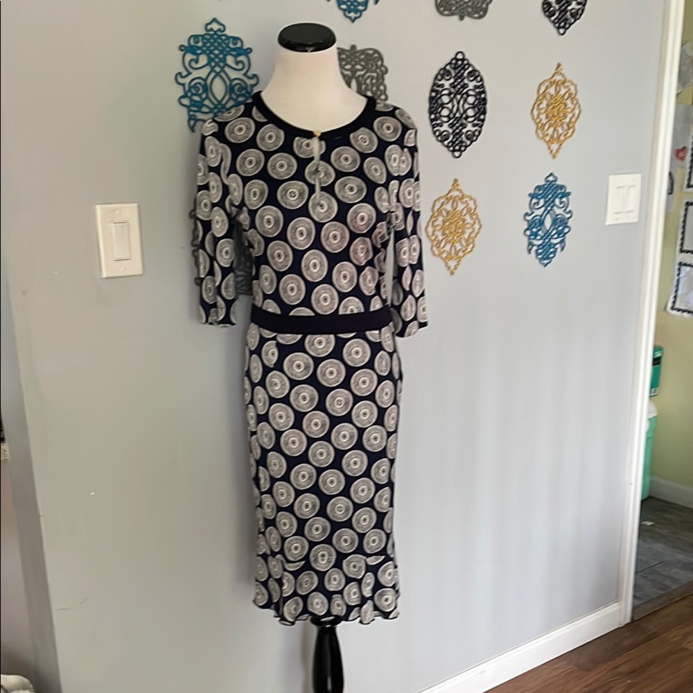 Tory Burch Navy and White Silk Patterned Dress size small